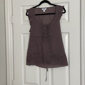 LOFT Mauve Ruffle Sleeve Embroidered Scoop Neck Camisole